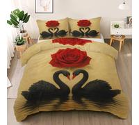 Black Swan Duvet Cover Set Twin Size, Red Rose Bedding Set, Water Surface Comforter Cover with 2 Pillow Shams, Comfy Breathable Lightweight Romantic Love Theme Comforter Cover