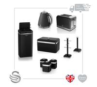 (Black) Swan Retro 9pce Kitchen Set- 45L Electric Bin, 1.5L Cordless Kettle, 2 Slice Toaster Crumb Tray, Bread Bin, Mug Tree, Towel Pole & 3 Storage Canisters