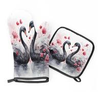 Black Swan Sanimal Red Flowers Oven Mitts & Pot Holders BBQ Gloves, Heat Resistant Kitchen Oven Gloves Hot Pads for Cooking Baking Grilling