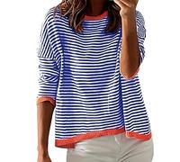 Black Sweater Women Women's Knitted Sweater Stripe Contrast Color Design Drop Shoulder Long Sleeve Pullover Casual Womens Cat Jumper (BU1, L)