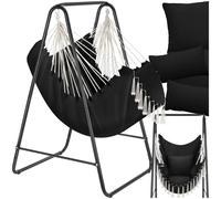 tectake® Hanging Chair in Boho Style with Tassels, Cosy Swing Chair with Thick Cushions, Large Side Pocket, Breathable Fabric & Durable Steel Frame, Hammock Chair for Indoor & Outdoor Use - Black