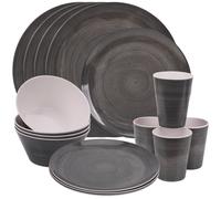 (Black Swirl Design) 16pcs Melamine Dinner Set Plates, Dessert Plates, Bowls & Cups Party Service for 4 People Dinnerware for Indoor Outdoor, Picnic, Camping