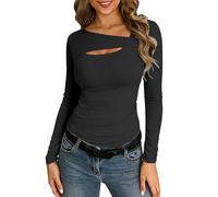 Black T Shirts Womens Womens Long Sleeve Tops Cutout Neck Ribbed Knit Shirt Slim Fit Sexy Going Out Blouses Stretchy Base Layer Underwear Fashion Y2K Tunic Tee Plain Solid Basic Pullover Tshirts