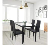 (Black Table and 4 chairs) BLACK GLASS DINING TABLE & FAUX LEATHER CHAIRS