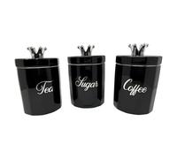 Black Tea, Coffee, Sugar Canister Set 3PCS Ceramic Jars with Silver Crown Lids & Diamante Accents Kitchen Storage Set for Tea, Coffee & Sugar - 15x11cm Stylish Countertop Decor