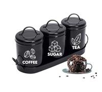 Black Tea, Coffee & Sugar Canister Set -Elegant 3-Piece Vintage Galvanized Iron Tins with Airtight Lids & Tray, Farmhouse Kitchen Décor and Dry Food Storage Containers for tea, coffee & sugar
