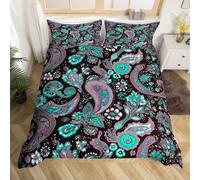(Black Teal, Double(No Comforter)) Paisley Duvet Cover Double, Floral Farmhouse Bohemian Bedding Sets For Kids Boy Girls, Retro Damask Egyptian Soft No Comforter Bed Set, Exotic Boho