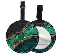 Black Teal Marble Green Malachite with Golden Veins Gold Spots,Luggage Tags Pu Leather Name Tag Travel Suitcase Identifier ID Tags Durable Baggage Label 2 pcs