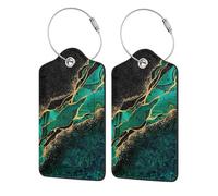 Black Teal Marble Green Malachite with Golden Veins Gold Spots,Luggage Tags Pu Leather Name Tag Travel Suitcase Identifier ID Tags Durable Luggage Label 2 pcs