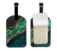 Black Teal Marble Green Malachite with Golden Veins Gold Spots,Luggage Tags Pu Leather Name Tag Travel Suitcase Identifier ID Tags Durable Baggage Label 2 pcs