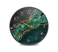 Black Teal Marble Green Malachite with Golden Veins Gold Spots Wall Clock, Silent Non-Ticking Easy to Read Round Decorative Acrylic Wall Clock Art, for Living Room Home Office School 12 Inch