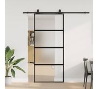 Black Tempered Glass Sliding Door with Hardware Set, 90x205 cm Interior Barn Style Door for Bedroom Kitchen Closet, Smooth Quiet Operation