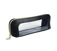 Black Textured Leather Cosmetic Bag with Clear PVC Front Panel - Compact Travel Case for Makeup Brushes & Beauty Tools Storage Organiser, Premium Zipper Closure & Rounded Rectangular Design