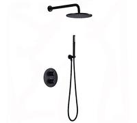 Black Thermostatic Shower System with Cold and Hot Water Wall Mounted Brass Shower Faucet Multifunction Smooth Handle Shower Combo Set with Round Shower Head, Handheld Shower,8 inc