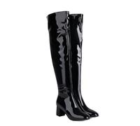 Black Thigh High Boots for Women Patent Leather PU Chunky Heel Over The Knee Boots Square Toe Half Side Zipper Heeled Metallic Gogo Long Tall Boot Footwear Trendy UK 3 Clearance