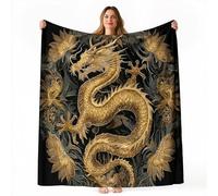 Black Throw Blanket 130x150 cm Oriental Fantasy Golden Dragon Pattern, Super Soft Flannel Throw Blanket Lightweight Fluffy Plush Fuzzy Bed Blanket Seasonal Decor for Bedding Sofa and Travel