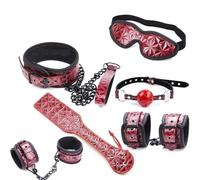 Black Tied Bondage Kit,Blindfold, Ball Gag, Collar, Wrist and Ankle Cuffs, Paddle Spanking Sex Toys Red One Size