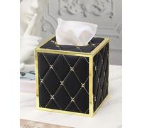 Black Tissue Box Cover,KEZNGUU Tissue Box Holder with Magnetic Bottom,Leather Tissue Box Cover Square with Gold Trim,Decorative Tissue Covers Cube for Bathroom,Bedroom,Living Room-Matte Black