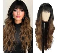 Black to Brown Wig with Bangs 26 Inches Long Curly Wavy Wigs for Women Natural Looking Heat Resistant Synthetic Hair Wig for Daily Party Use