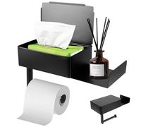 Black Toilet Roll Holder Wall Mounted Multifunctional Toilet Paper Holder with Shelf and Wet Wipes Box No Drill Stainless Steel Toilet Roll Holder Self-Adhesive for Bathroom Washroom Toilet Kitchen