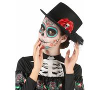 Black top hat skull red flower Dia de los muertos adult
