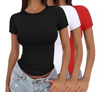 Black Tops for Women UK,Womens 3 Pack Short Sleeve Crop Tops Crew Neck Basic T-Shirts Stretch Fitted Plain Summer Casual Tunic Blouse Y2K Going Out Aesthetic Streetwear Slim Fit Clothes XS-XL C