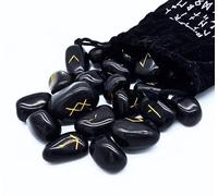 Black Tourmaline Runes Set - 25 Polished Gemstones (Approx 2cm) with Gold Engraving | Elder Futhark Viking Runes Includes Odin's Rune & Velvet Bag - Esoteric, Fortune Telling, Oracle