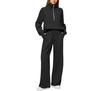 Black Tracksuit Womens Full Set Long Sleeve Half Zip Up Sweatshirt with Drawstring Wide Leg Sweatpants Co Ord Activewear for Gym Two Piece Casual Solid Color Loungewear Jogger Sets S M L 3XL XXL 2XL