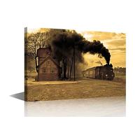 Black Train Pictures Steam Train Stopped at The Small Station Paintings 1 Panel Wall Art Print on Canvas Steam Locomotive Artwork Home Modern Decoration Framed Ready to Hang(16" Wx24 H)