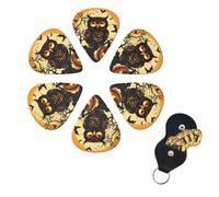 Black Tree Owl Pumpkin Head Guitar Picks 6 Pack, 0.46mm Thickness Celluloid Bass Pick with Leather Guitar Pick Holder Keychain Abstract Art Pics Plectrum for Acoustic Electric Guitar, Ukulele, Bass