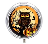 Black Tree Owl Pumpkin Head Pill Box 3 Compartment Metal Round Pill Case Travel Pill Organizer Small Portable Medicine Vitamin Container for Purse and Pocket to Hold Vitamins Supplements