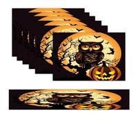 Black Tree Owl Pumpkin Head Placemats Set of 7 Exquisite Linen Table Mat Seven Piece Set Includes 13"x71" Fashion Table Runner and 12"x18" Place Mat Decor for Kitchen Dining Room
