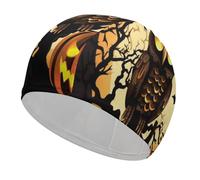 Black Tree Owl Pumpkin Head Swim Cap for Adult Lightweight Fabric Swim Cap Comfortable Swim Hat High Elasticity Swimming Caps Hat