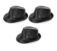 Black Trilby Hat - Black Sequin Fedora Hat 1920's Gangster Fancy Dress Unisex Accessory - Perfect for Sporting Events, Dance Shows, Parties and Fancy Dress Events - Pack Of 3