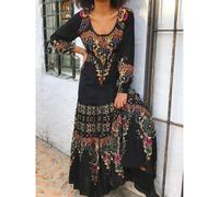 (black, Triple Extra Large) "Elegant Floral Print Long-Sleeve U-Neck Dress for Spring & Autumn"