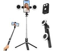 Black Tripod for iPhone with Light, Ring Light Holder for iPhone, Adjustable Selfie Stick Stand with Fill Light, Extendable Phone Tripod for Video Recording, Live Streaming, and Photography