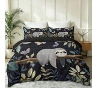 Black Tropical Plants Duvet Cover, Night Sky Stars Animal Sloth Branches Bedding Set, Soft Microfiber Reversible Quilt Cover with Zipper Closure, Super King Size 260 x 220 cm with 2 Pillowcases