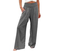 Black Trousers Women Cotton Linen Trousers Summer Casual Elastic High Waist Long Pants Solid Straight Bottoms Wide Leg Tummy Control Jogger Holiday Beach Lounge Pant with Pockets Ladies S-3XL