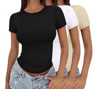 Black Tshirt,Womens 3 Pack Short Sleeve Crop Tops Crew Neck Basic T-Shirts Stretch Fitted Plain Summer Casual Tunic Blouse Y2K Going Out Versatile Aesthetic Streetwear Slim Fit Clothes XS-XL E
