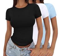 Black Tshirt Womens,Womens 3 Pack Short Sleeve Crop Tops Crew Neck Basic T-Shirts Stretch Fitted Plain Summer Casual Tunic Blouse Y2K Going Out Versatile Aesthetic Streetwear Slim Fit Clothes XS-XL D