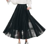 Black Tulle Skirt Women Maxi A Line Skirts Ladies Elasticated Waist Skirts Long Pleated Elegant Flared Long Mesh Tiered Vintage Swing Petticoat