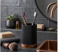 Black Tumbler with Wooden Base - Modern Bathroom Accessory, Stylish Toothbrush Holder, Sleek Matte Black Cup with Natural Wood Accent, Contemporary Bathroom Storage Decor-A85 (Tumbler)