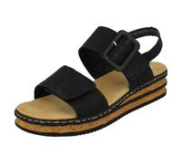 (Black, UK 4) Ladies Rieker Buckle Detailed Adjustable Wedge Heeled Sandals 62950