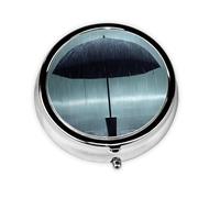 Black Umbrella in The rain Round Mini Pill Box: 3-Compartment Portable Metal Pill Organizer with Snap Closure, Ideal for Daily Travel Use