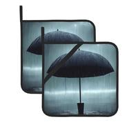 Black Umbrella In The Rain Set Of 2 Pot Holders, Kitchen Potholder Set, 8 X 8 Inches, &Perfect For Everyday Baking And Cooking.