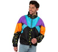 Smiffys Unisex 80s Windbreaker Jacket, Retro Black Zip-Up with Neon Colour Block Panels and Geometric Print, Fancy Dress Outfit for Festivals, Parties and Themed Events Small, World Book Day