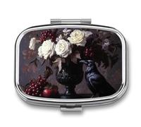 Black Vase White Roses Raven Pill Box 2 Compartment Portable Medicine Pill Case Travel Pill Organizer for Pocket Purse