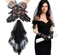 Black Veil Brides 2 Piece Set, Mesh Lace Gloves, Halloween Black Veil Funeral with Comb, Gothic Bride Accessories for Dark Wedding, Halloween Party, Photography Props