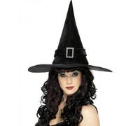 Black Velour Wicked Witch Hat with Diamante Bling Buckle Fancy Dress Accessory