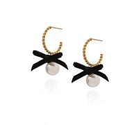 Black Velvet Bow Pearl Dangle Drop Huggie Hoop Earrings Studs for Women Stainless Steel 18K Gold Plated Twisted Open Hoops Earring Ribbon Dangling Stud Elegant Birthday Jewelry Christmas
